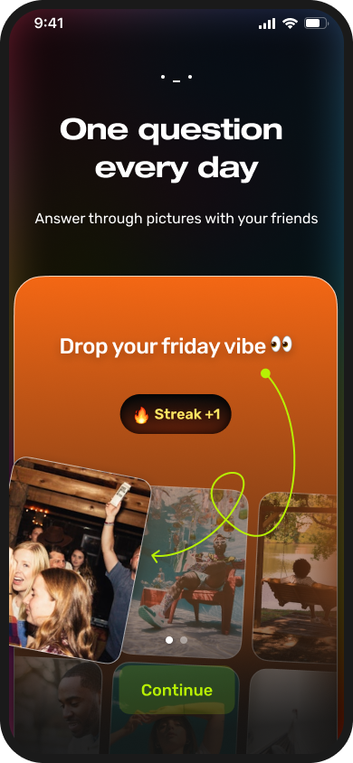 First introduction screen: one question every day, answered through pictures with friends.